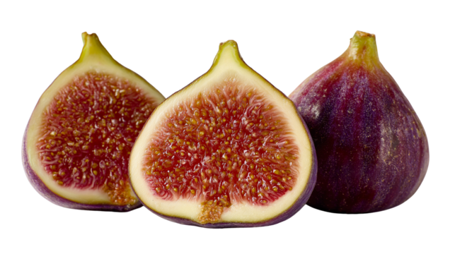 Two halves and one whole fig on transparent background