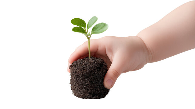 A child s hand holding a small plant seedling in soil on transparent background