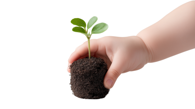 A child s hand holding a small plant seedling in soil on transparent background - Powered by Adobe