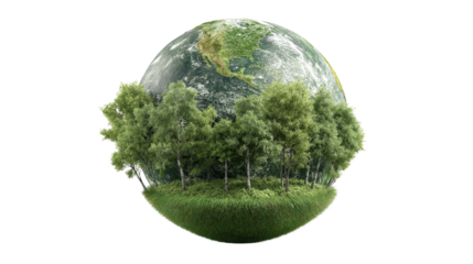 Miniature planet earth with lush green forest and grass on transparent background