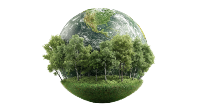 Miniature planet earth with lush green forest and grass on transparent background
