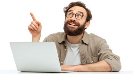 Man with glasses and beard pointing up with laptop on transparent background