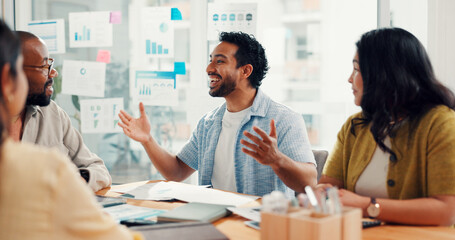 Business, people or happy with meeting in office for campaign success, positive feedback or update. Graphs, team and excited manager in digital marketing for KPI stats, brand performance or good news