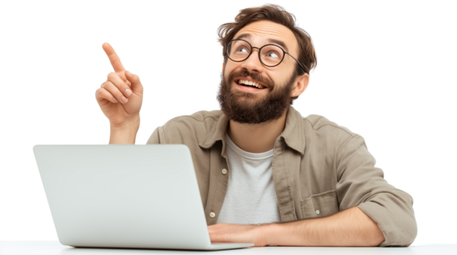 Man with glasses and beard pointing up with laptop on transparent background