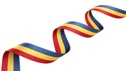 Romanian flag ribbon flowing in a curve isolated on transparent background