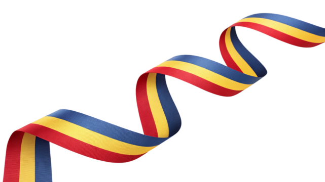 Romanian flag ribbon flowing in a curve isolated on transparent background