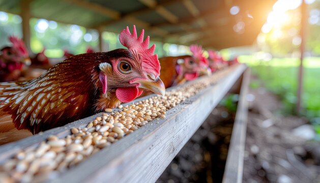 Close-up of chickens eating grains from a wooden feeder inside a rustic chicken coop.
