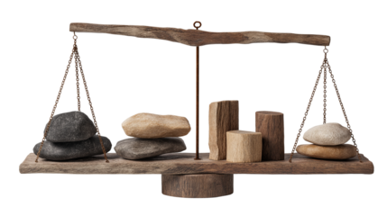 Balance scale with stones and wood pieces on transparent background