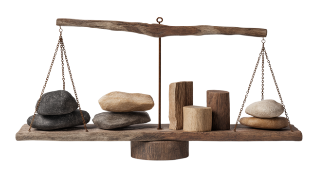 Balance scale with stones and wood pieces on transparent background
