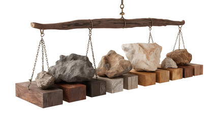 Balance scale with rocks and bricks on transparent background