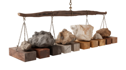 Balance scale with rocks and bricks on transparent background