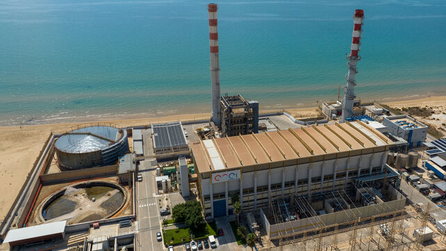 Aerial view of an Enel power plant along the Sicilian coast. Porto Empedocle, Italy - November, 2025