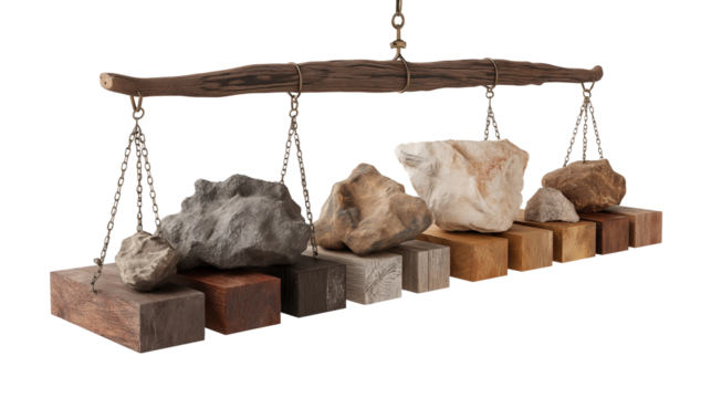 Balance scale with rocks and bricks on transparent background