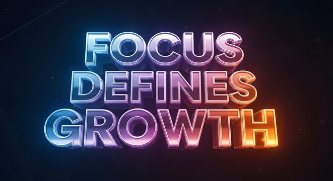 A vibrant neon sign displaying the motivational phrase 'Focus Defines Growth' in colorful glowing letters against a dark background, emphasizing inspiration and progress