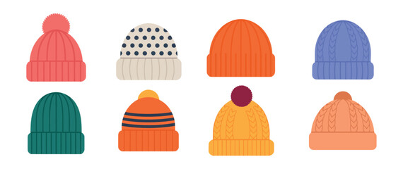 knitted hats in various colors and styles for winter wear during the cold season