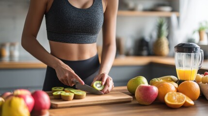 Woman slices fresh kiwi on a wooden cutting board in a sunny kitchen
