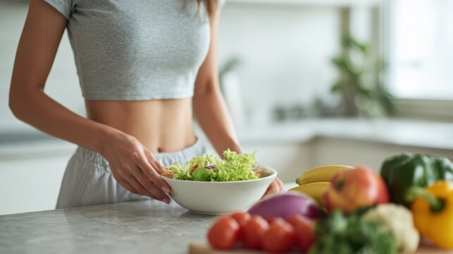 Woman in workout clothes makes a fresh salad with vegetables in her kitchen 