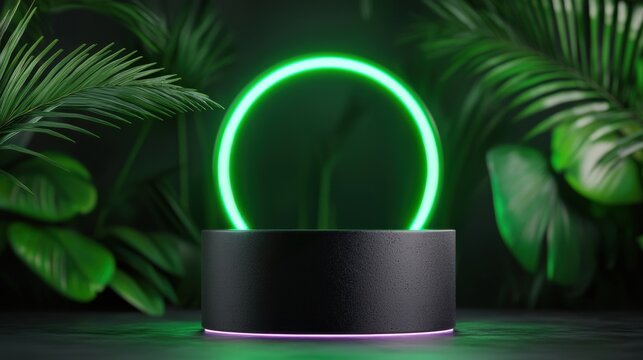 A black platform with a neon green ring around it sits in the center of the image.