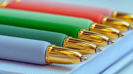 A close-up shot showcases a row of pens in pastel colors, each featuring a shiny gold tip and decorative band, arranged neatly on a textured surface.