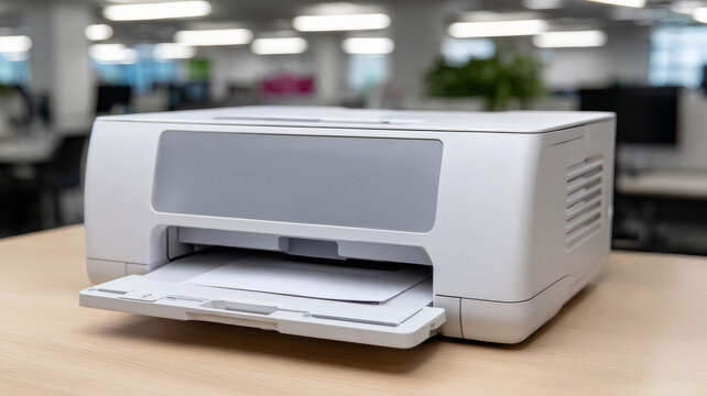 A white printer on an office desk with blurred background.