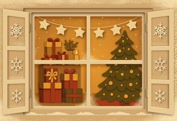 Christmas illustration of store display window with tree and gifts in paper cut style