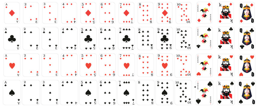 Deck of playing cards, poker card pack mockup, casino game set, isolated element collection, magic trick illustration, card games vector, entertainment graphics, gambling