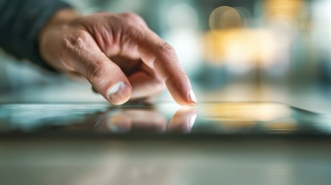 Fingertip hovers over tablet button