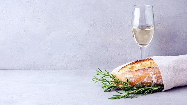A rustic loaf of bread, wrapped in linen and garnished with fresh rosemary, stands beside a flute of white wine on a textured grey surface.