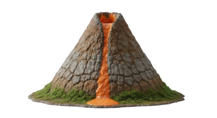 Small volcano model erupting lava on a grassy base, isolated on black background