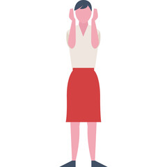 Simple Cartoon of a Woman with Short Dark Hair Wearing a White Blouse and Red Skirt With Hands Raised to Her Face Against a Transparent Background