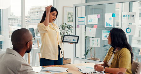 Tablet screen, meeting and woman with business people with graph, kpi research and data analysis. Presentation, startup team and workers with tech, charts and website review for digital marketing