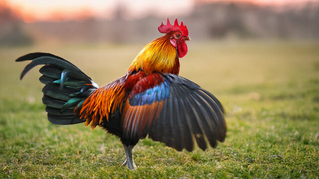 Rooster (Gallus gallus domesticus) free-ranging and flapping wings on meadow, Baden-Wuerttemberg, Germany