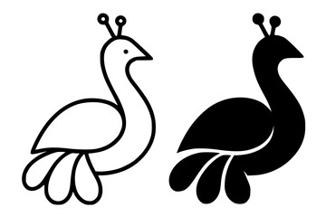 Minimalist icon, peacock vector, black and white, outline and silhouette