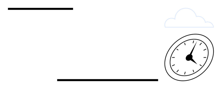Clock tilted with a cloud and two horizontal lines suggesting movement. Ideal for productivity, schedule, punctuality, time tracking, planning, deadline, simplicity. Modern simple flat metaphor