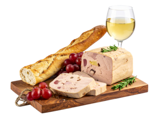  French Foie Gras Terrine with Wine Glass, Grapes, and Rustic Wooden Board