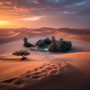 Desert Oasis: Witness the serene beauty of a desert oasis, where life finds refuge amidst towering sand dunes under a vibrant sunset sky.