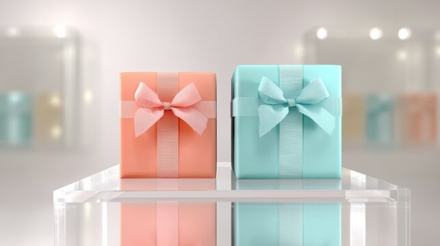 Coral and teal gift boxes on clear risers