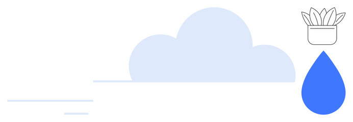 Blue cloud, water drop, and plant icon in pot symbolize nature, sustainability, growth, and eco-friendliness. Ideal for environmental awareness, renewable resources, water conservation climate