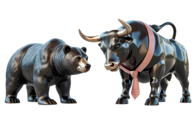 Financial Battle: Bull and Bear Statues. A symbolic representation of financial markets, featuring a bull and a bear statue locked in a face-off. The scene captures the essence of market dynamics.