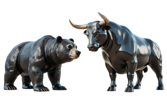 Bull and Bear Market: A captivating composition, the symbolic representations of a bull and a bear stand face to face, embodying the dynamic nature of market forces and financial fluctuations.