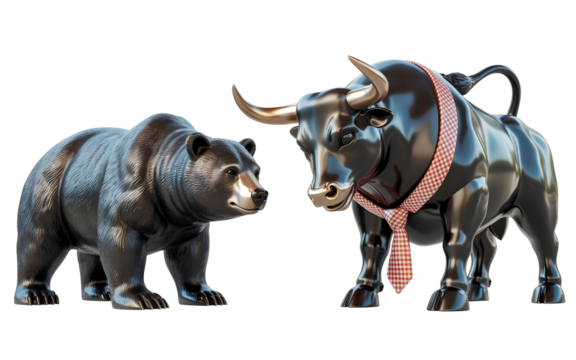 Financial Battle: Bull and Bear Statues. A symbolic representation of financial markets, featuring a bull and a bear statue locked in a face-off. The scene captures the essence of market dynamics.