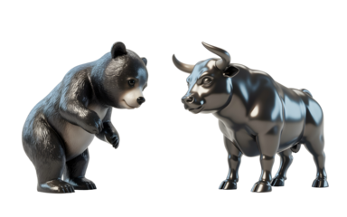 Market Dynamics: A stylized bear and bull, symbols of market sentiment, stand in a close encounter, representing the fluctuating currents of the financial world.