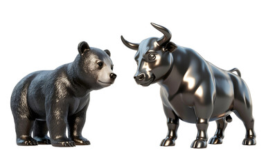 Fototapeta premium Bear and Bull Confrontation: A sculpted bear and bull, symbols of market dynamics, stand in stark contrast, representing the fluctuating forces of the financial world.