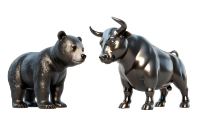 Bear and Bull Confrontation: A sculpted bear and bull, symbols of market dynamics, stand in stark contrast, representing the fluctuating forces of the financial world.