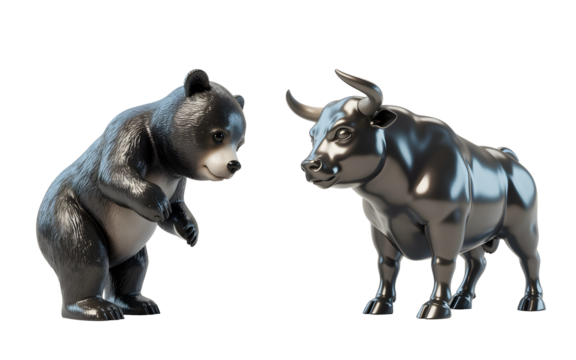 Market Dynamics: A stylized bear and bull, symbols of market sentiment, stand in a close encounter, representing the fluctuating currents of the financial world.