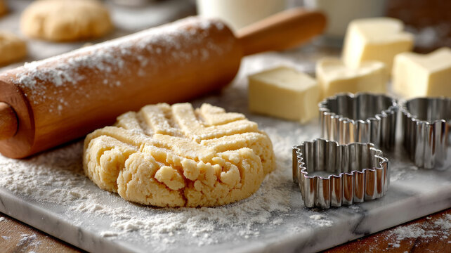 Baking cookies with dough, butter, and kitchen tools on marble.
