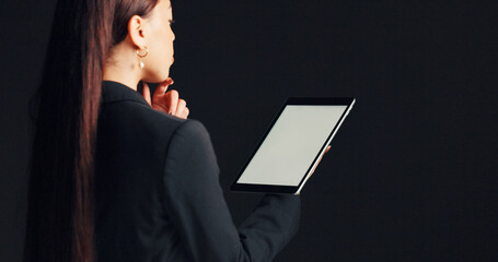 Business, woman and thinking with tablet in studio for case review, legal solution and lawsuit...