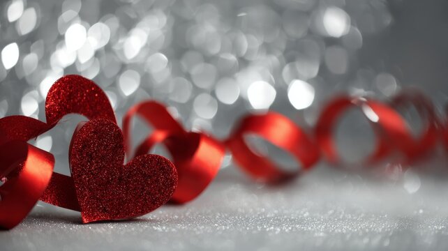 Red ribbon hearts arranged on shiny silver background with glowing lights for valentine’s day card design and romantic love celebration