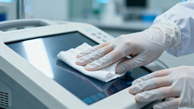 Person Wearing Gloves Cleaning Medical Device Display with Cloth in Hospital Setting