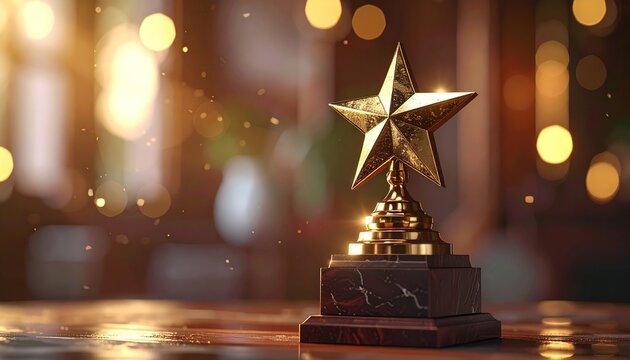 A golden star trophy sits on a marble base with a blurred background of bokeh lights and reflections signifying achievement and recognition